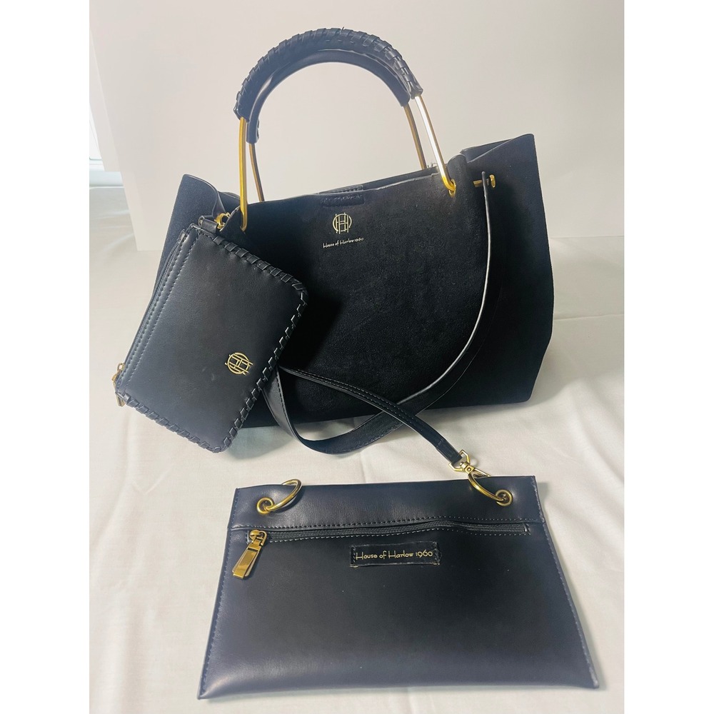 House of Harlow 1960 Luxe Satchel Black Faux Suede 3 Piece Tote Pouches Gold
